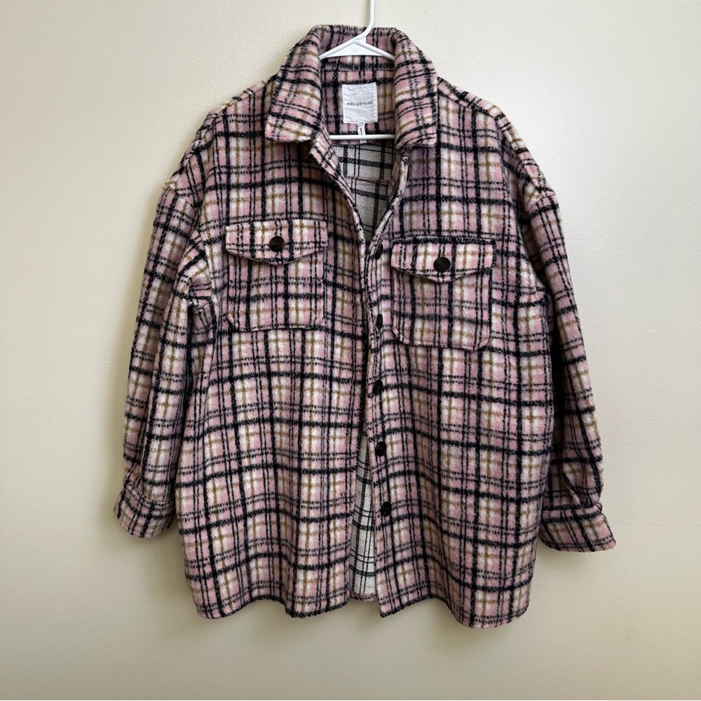 AVEC LES FILLES Plaid Pea Coat Women's Large Oversized Designer Pink & Blue
